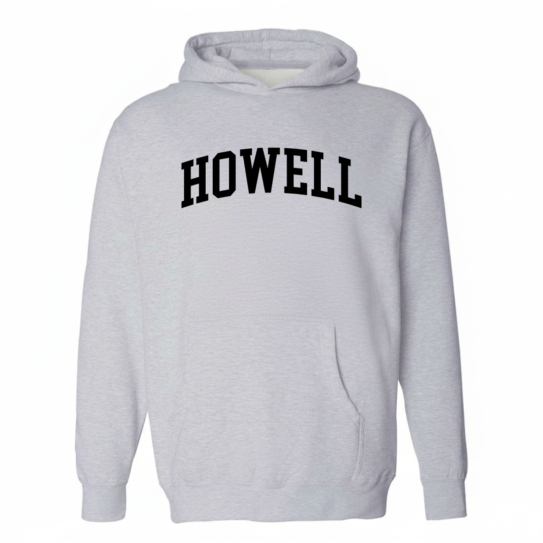 Heather-gray hoodie with the Howell varsity arched lettering design on the chest.