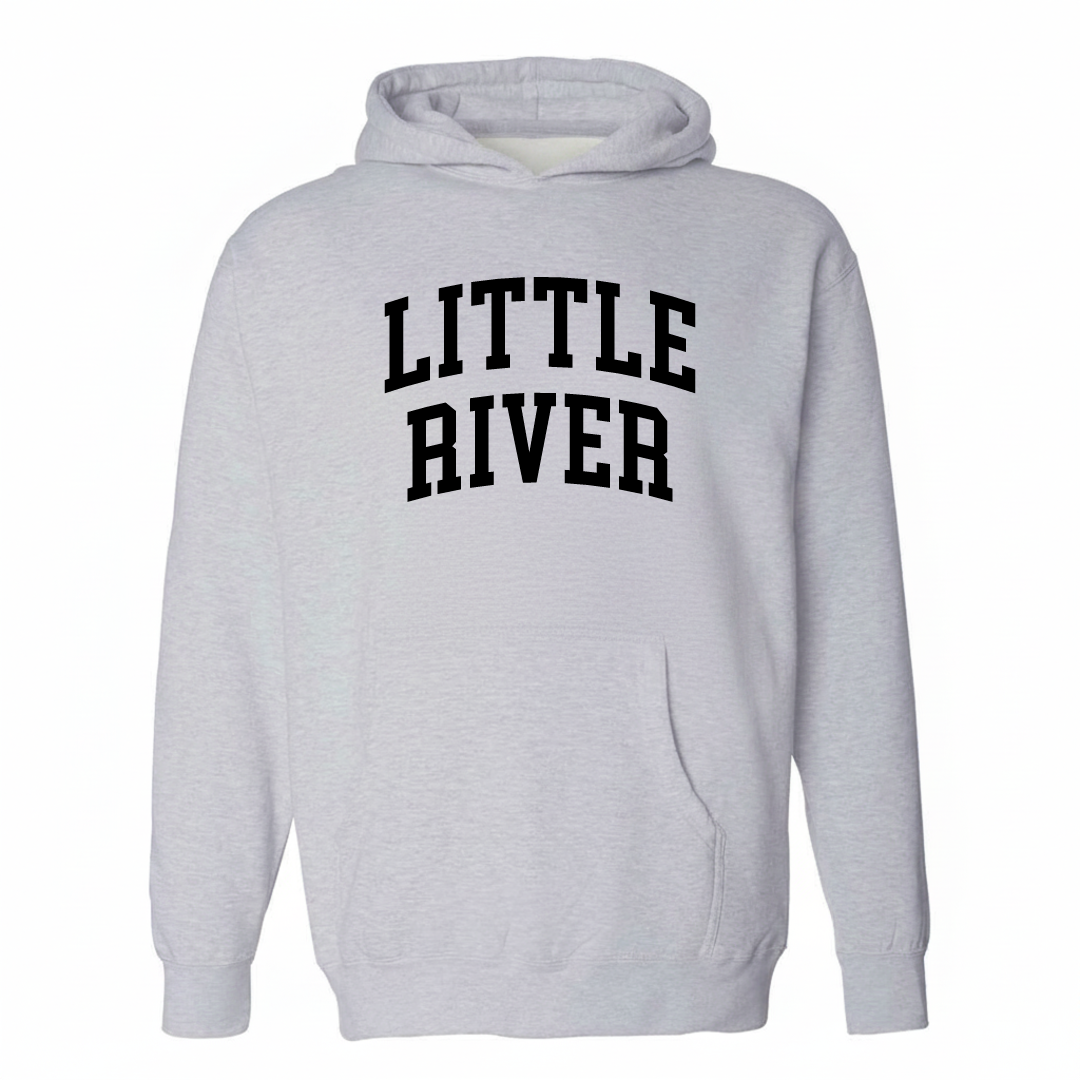Heather-gray hoodie with the Little River varsity arched lettering design on the chest.