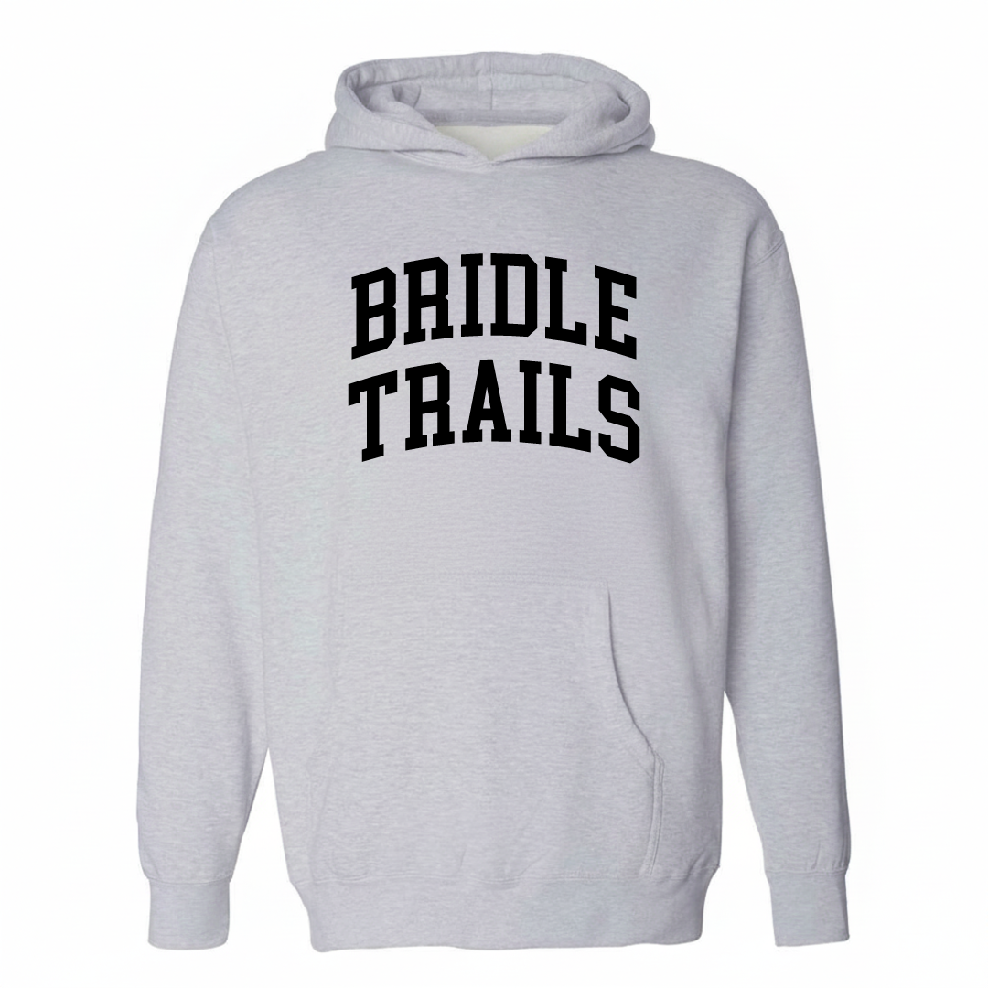 Heather-gray hoodie with the Bridle Trails varsity arched lettering design on the chest.