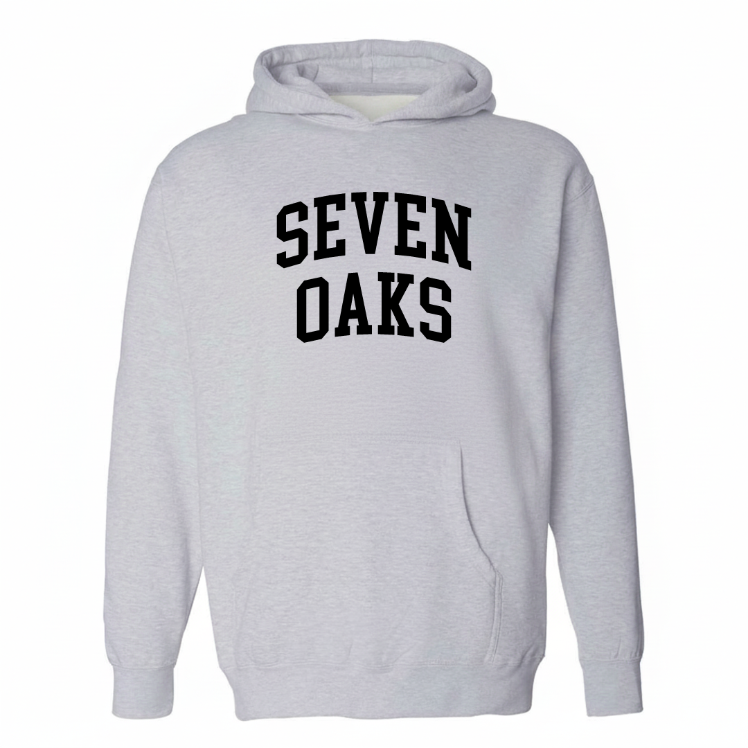 Heather-gray hoodie with the Seven Oaks varsity arched lettering design on the chest.