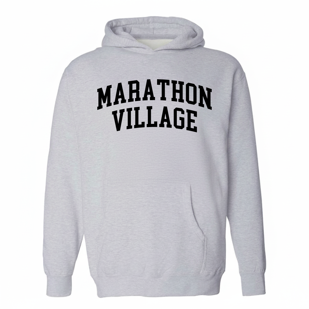 Heather-gray hoodie with the Marathon Village arched lettering design on the chest.