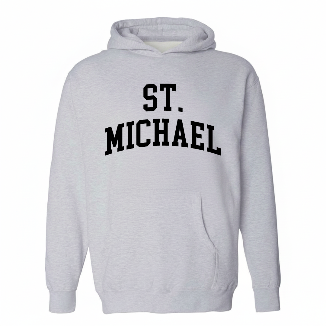 Heather-gray hoodie with the St. Michael varsity arched lettering design on the chest.