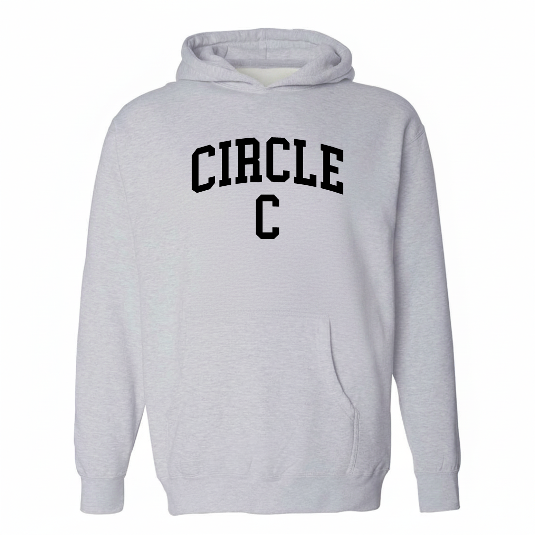 Heather-gray hoodie with the Circle C varsity arched lettering design on the chest.