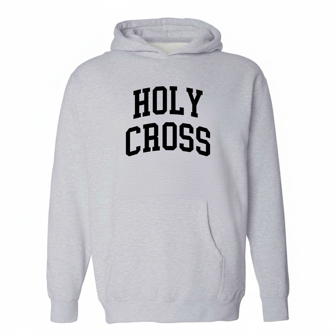Heather-gray hoodie with the Holy Cross arched varsity lettering design on the chest.