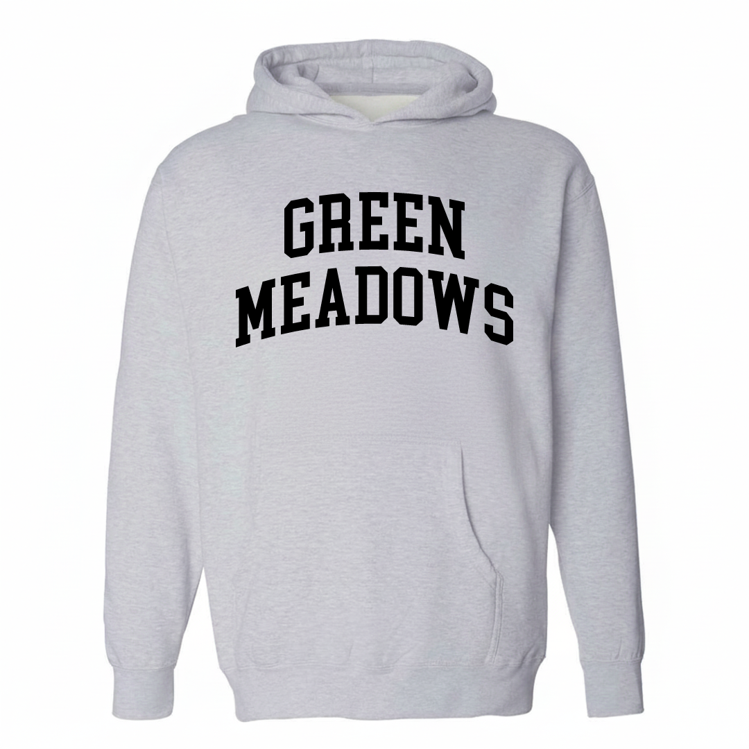 Heather-gray hoodie with the Green Meadows varsity arched lettering design on the chest.