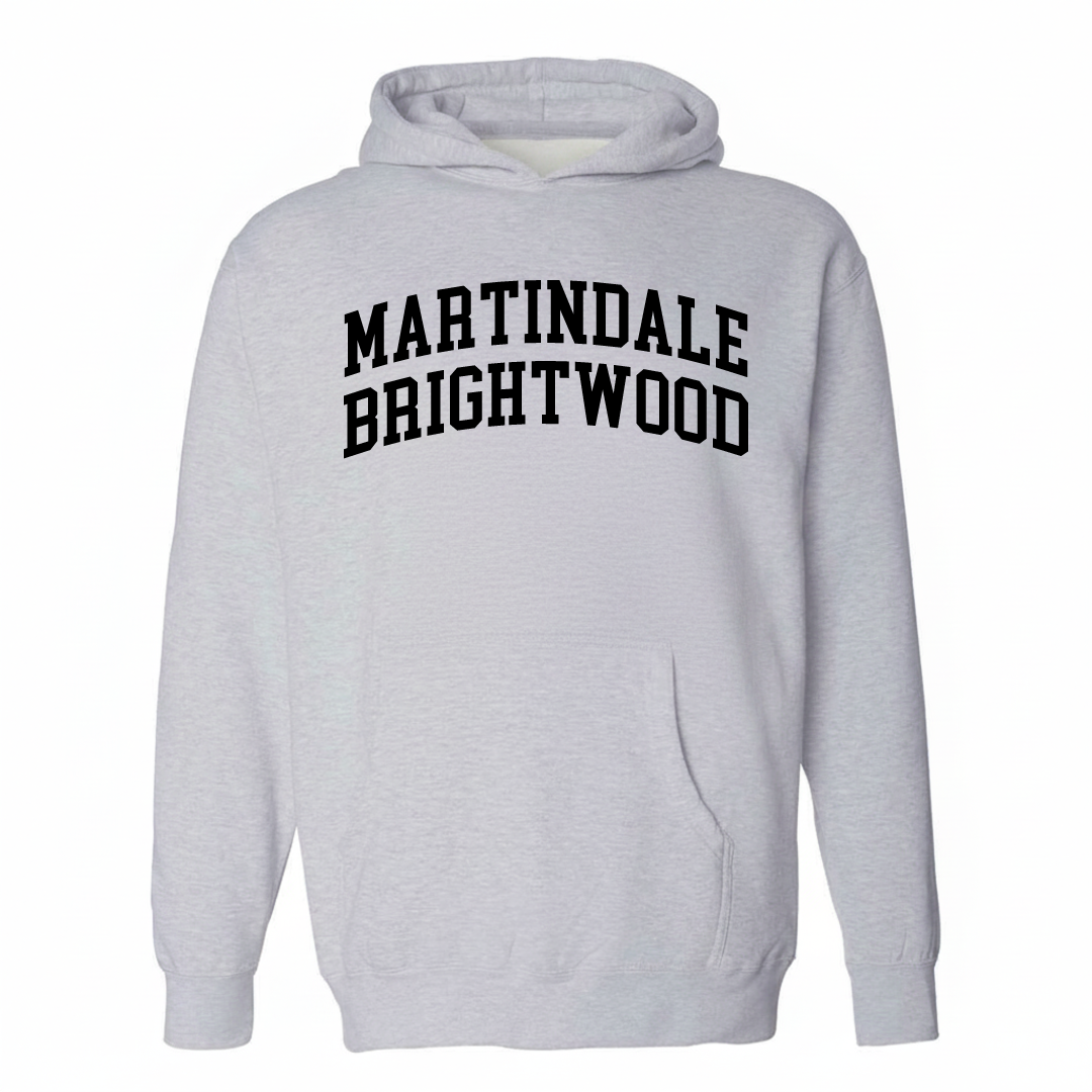 Heather-gray hoodie with the Martindale-Brightwood varsity arched lettering design on the chest.