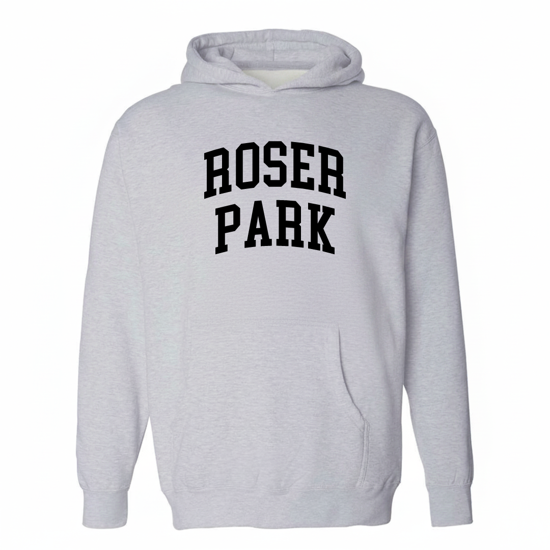 Heather-gray hoodie with the Roser Park varsity arched lettering design on the chest.