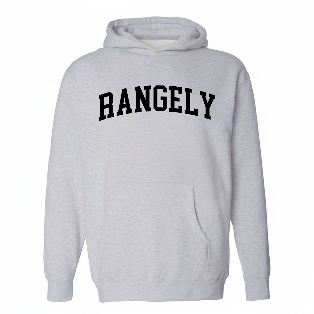 Heather-gray hoodie with the Rangely varsity arched lettering design on the chest.