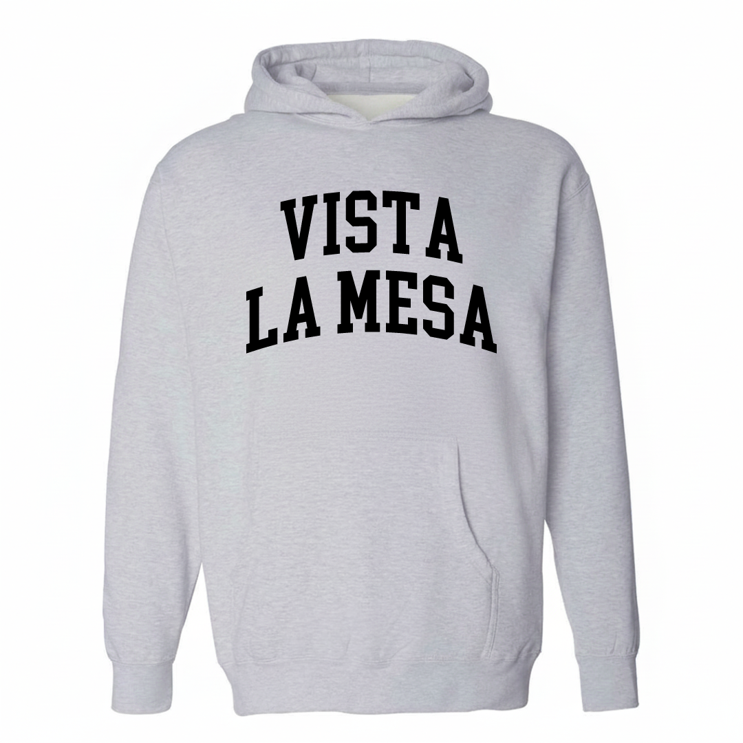Heather-gray hoodie with the Vista La Mesa varsity arched lettering design on the chest.