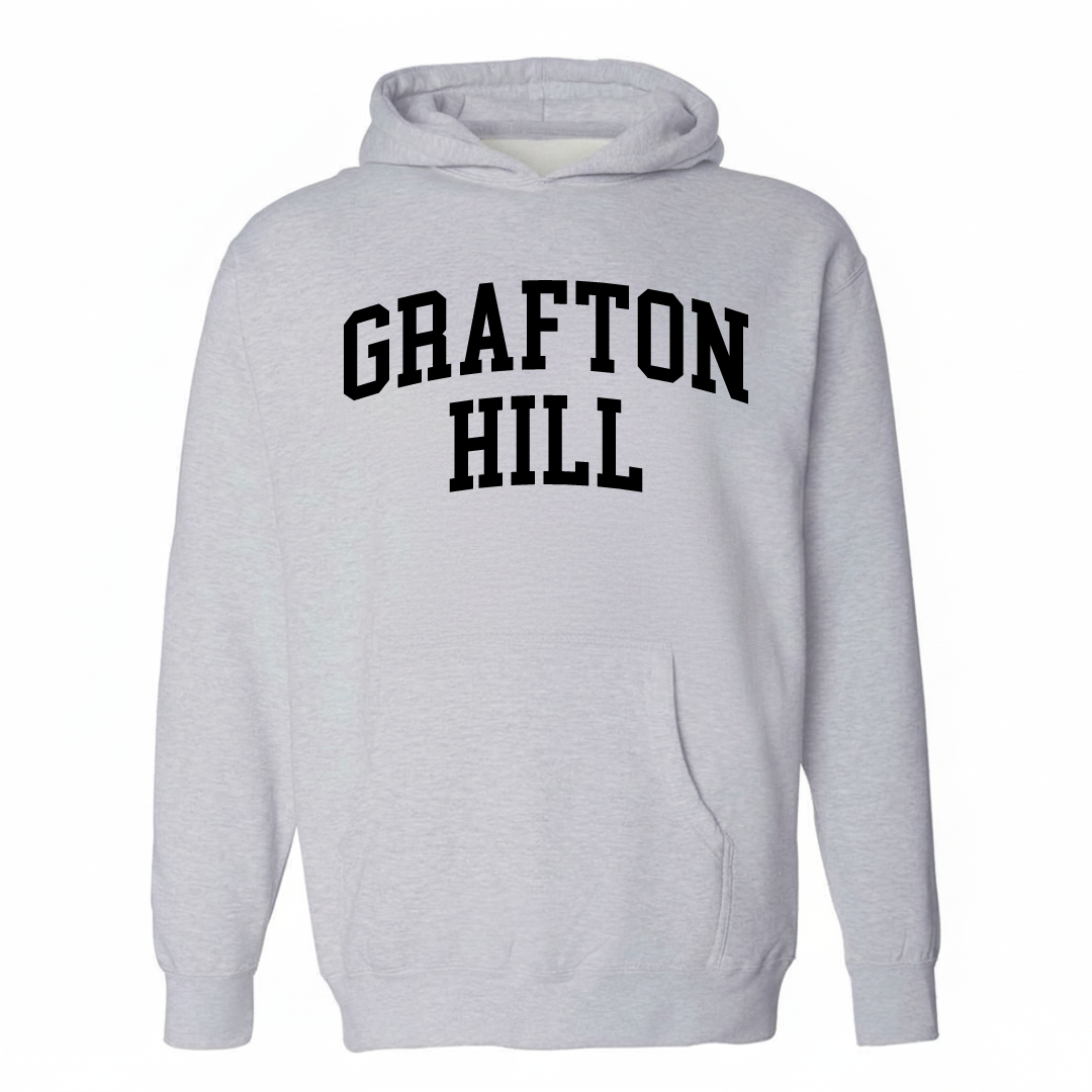 Heather-gray hoodie with the Grafton Hill varsity arched lettering design on the chest.