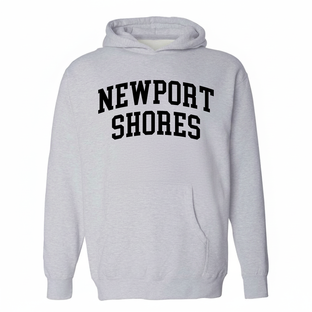 Heather-gray hoodie with the Newport Shores varsity arched lettering design on the chest.