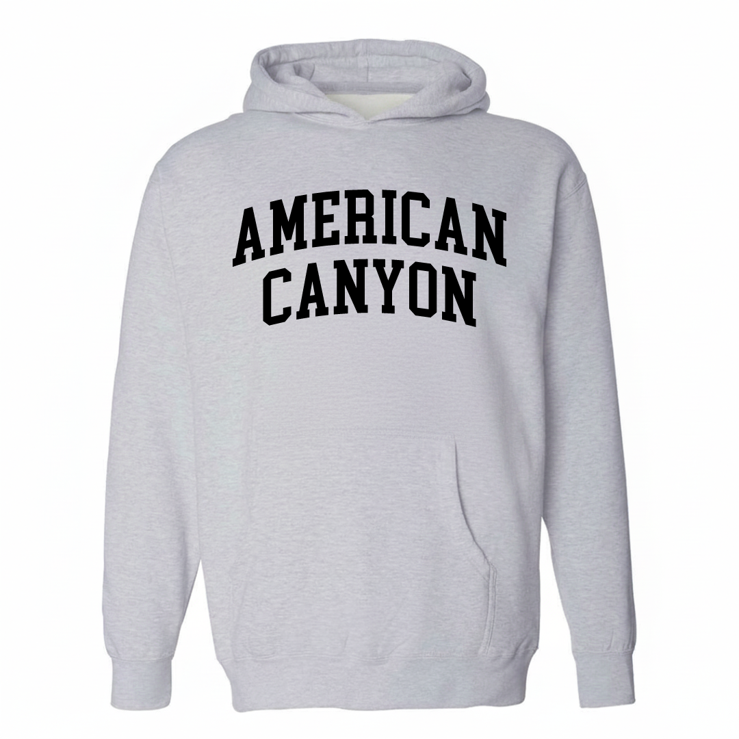Heather-gray hoodie with the American Canyon arched lettering design on the chest.