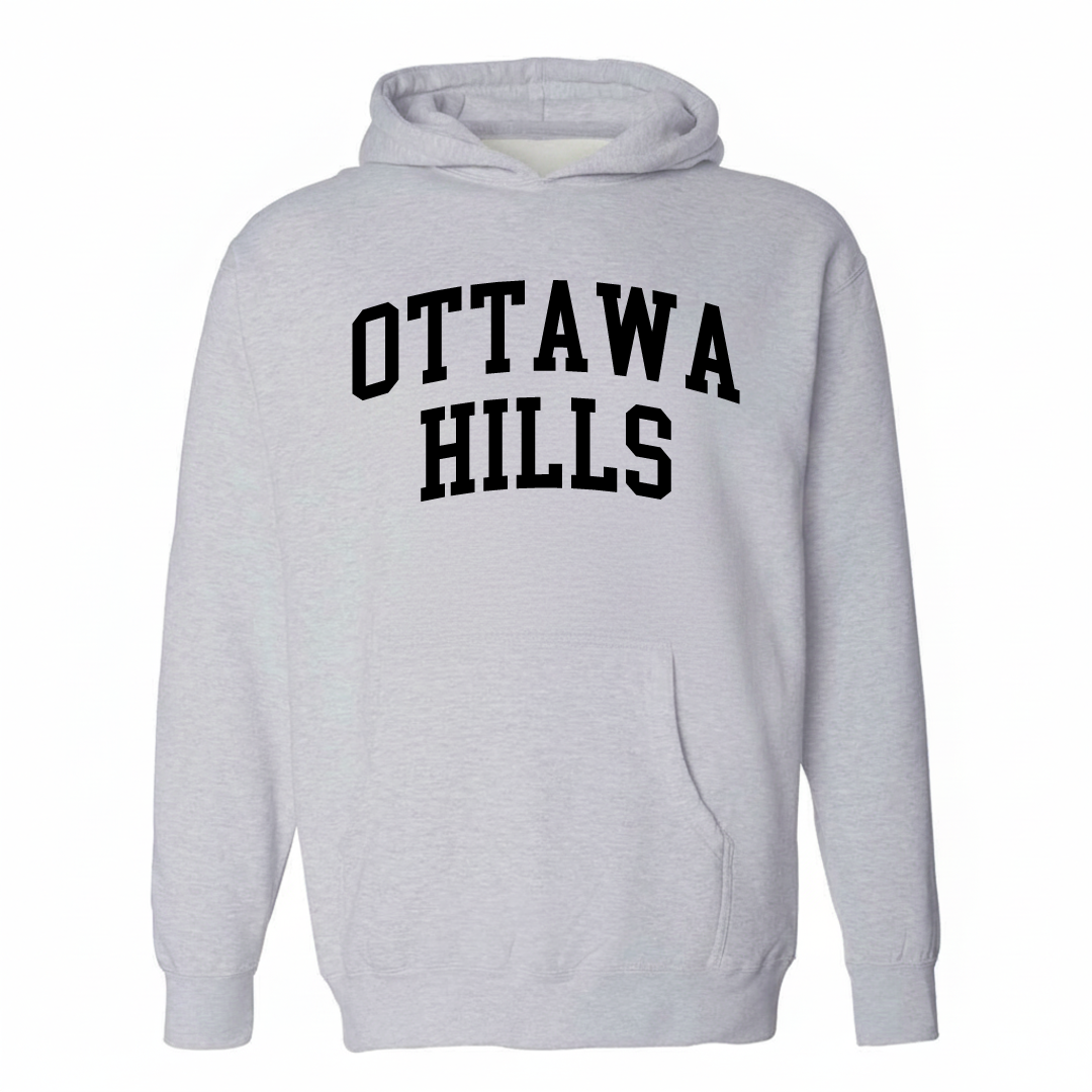 Heather-gray hoodie with the Ottawa Hills arched lettering design on the chest.