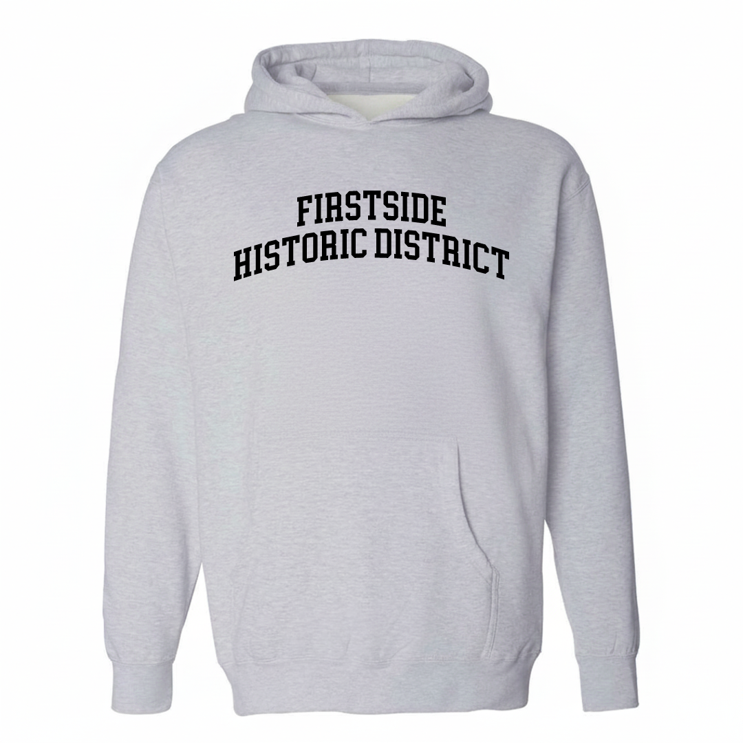 Heather-gray hoodie with the Firstside Historic District arched lettering design on the chest.