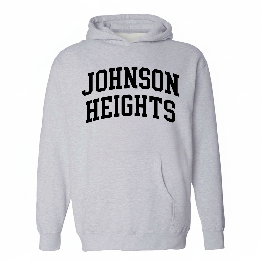 Heather-gray hoodie with the Johnson Heights varsity arched lettering design on the chest.