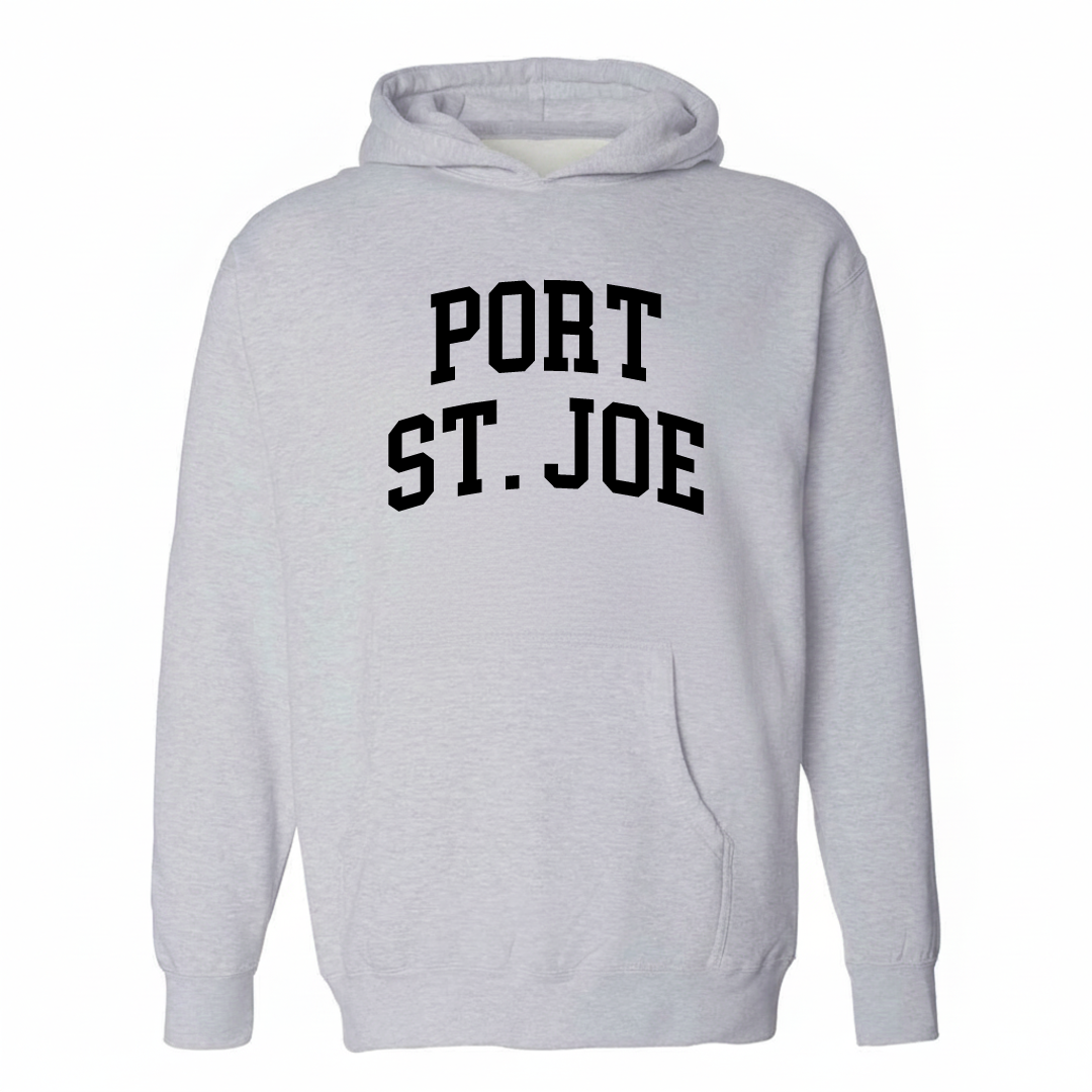 Heather-gray hoodie with the Port St. Joe arched lettering design on the chest.