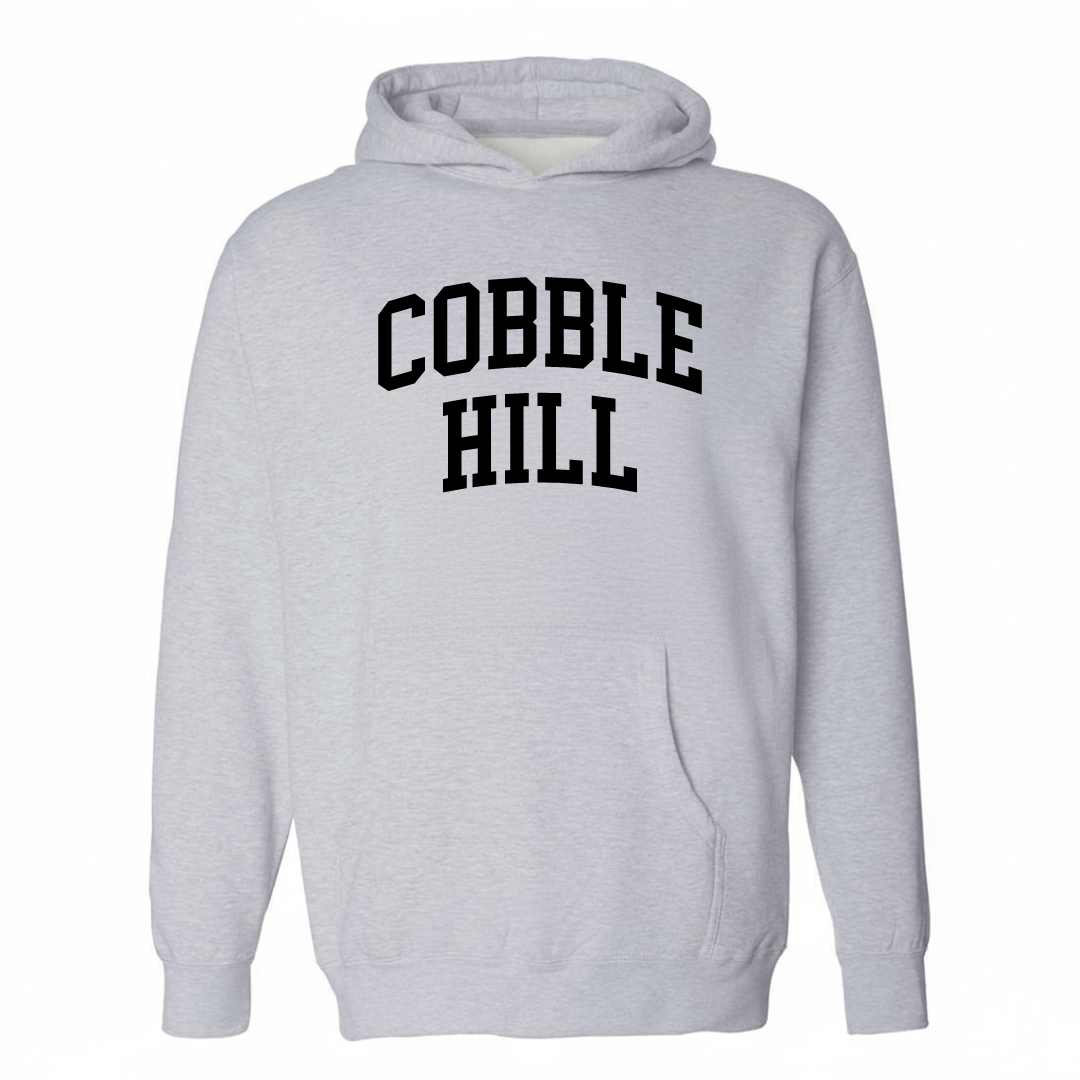 Heather-gray hoodie with the Cobble Hill varsity arched lettering design on the chest.