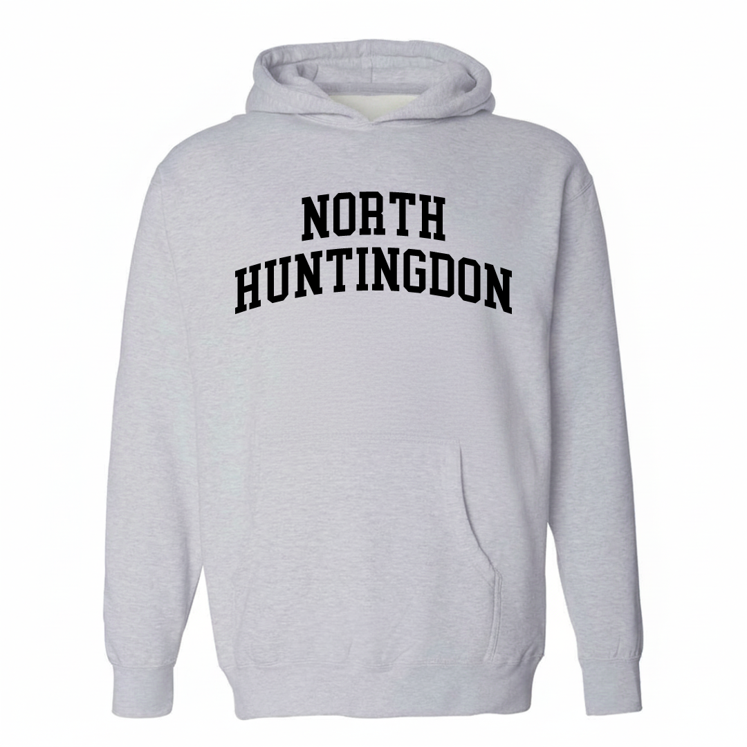 Heather-gray hoodie with the North Huntingdon arched lettering design on the chest.