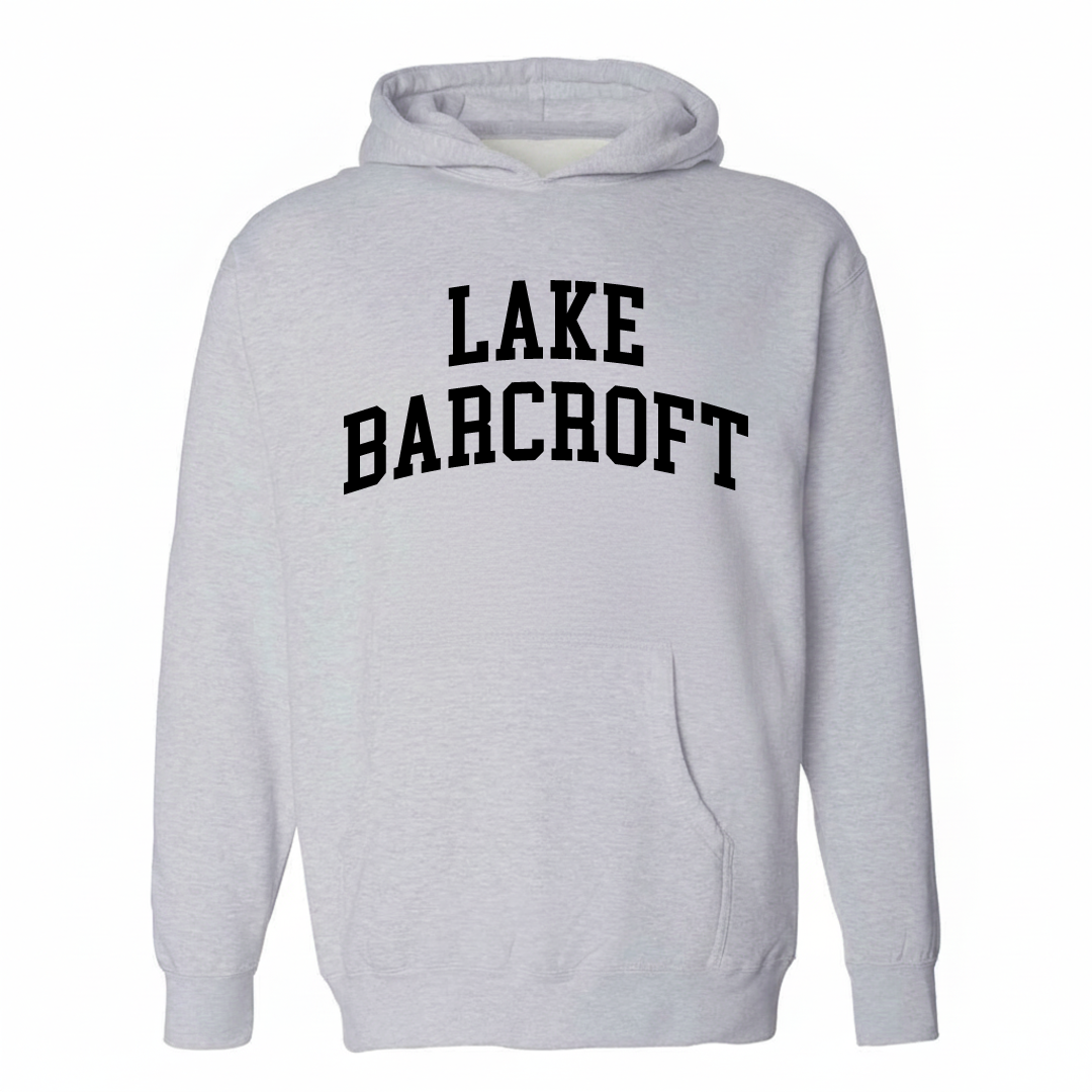 Heather-gray hoodie with the Lake Barcroft varsity arched lettering design on the chest.