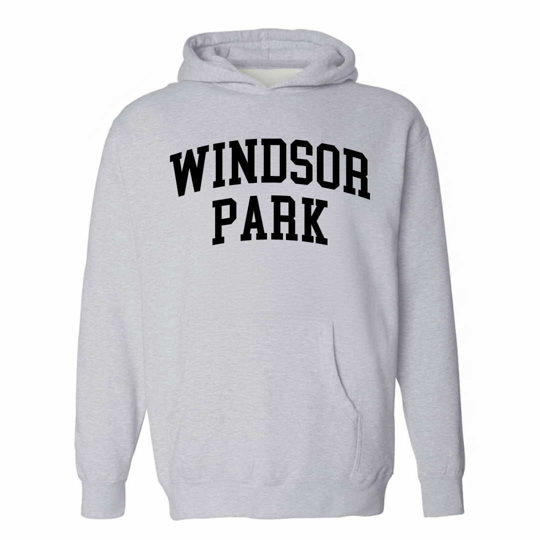 Heather-gray hoodie with the Windsor Park arched lettering design on the chest.