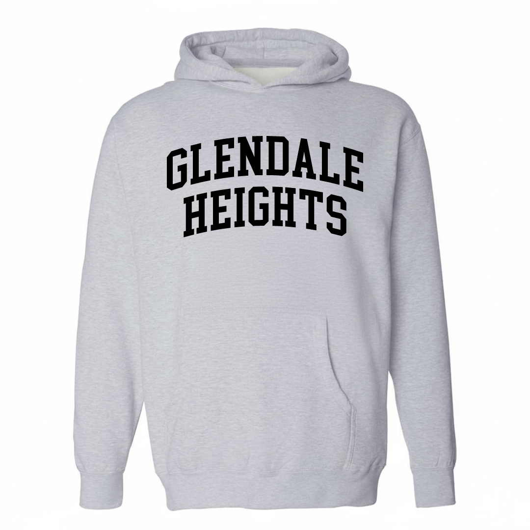 Heather-gray hoodie with the Glendale Heights varsity arched lettering design on the chest.