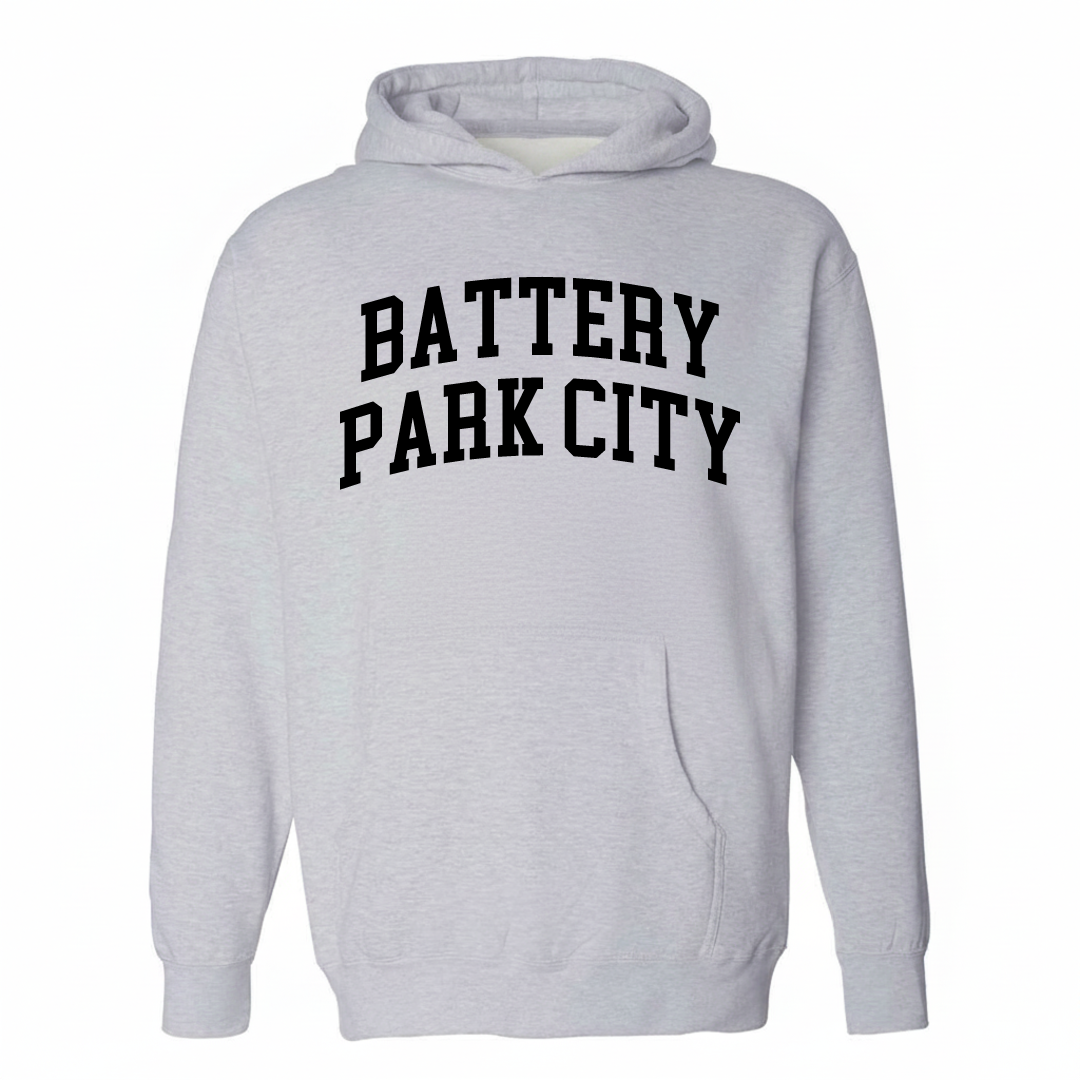 Heather-gray hoodie with the Battery Park City varsity arched lettering design on the chest.