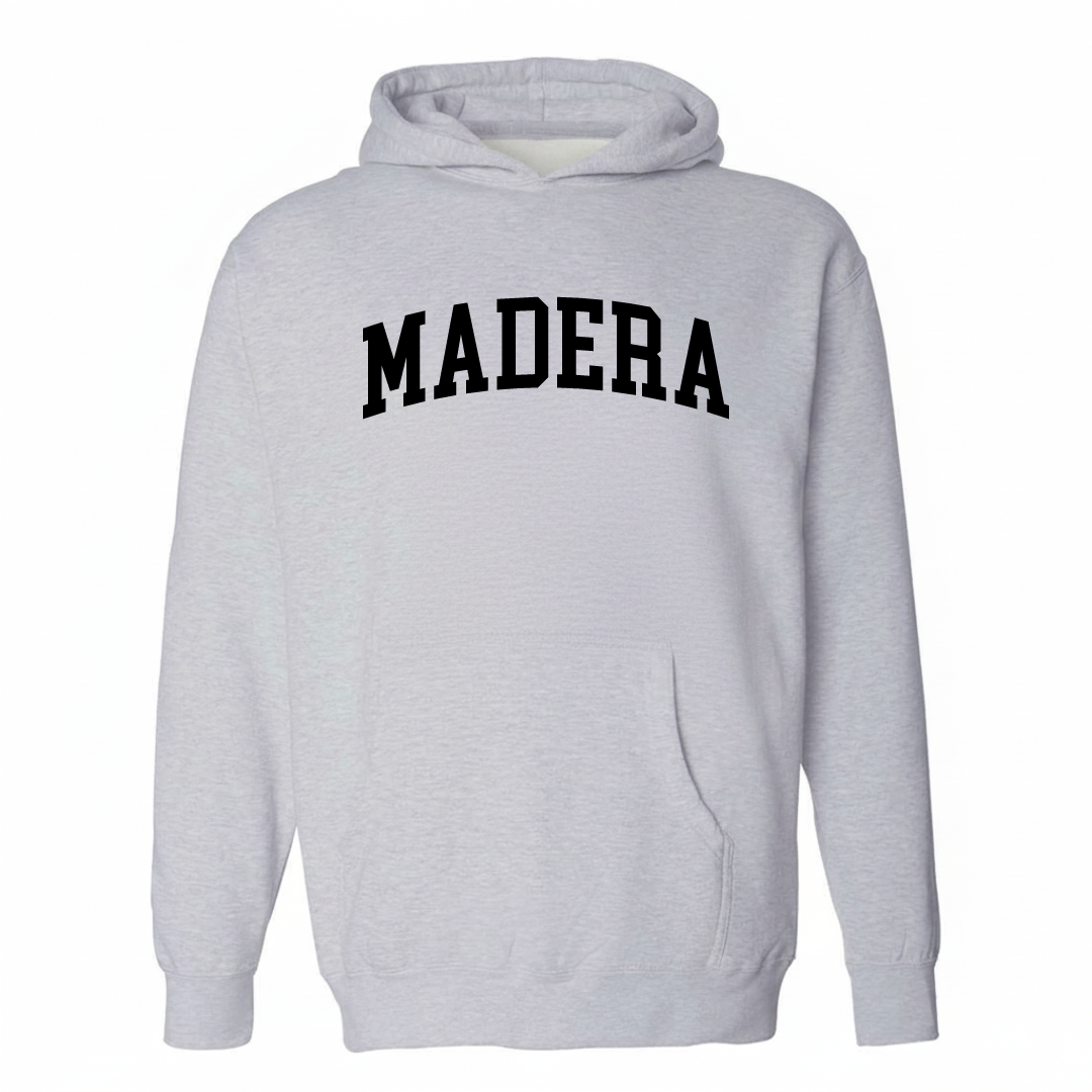 Heather-gray hoodie with the Madera varsity arched lettering design on the chest.