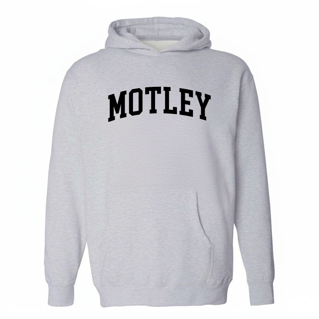 Heather-gray hoodie with the Motley varsity arched lettering design on the chest.