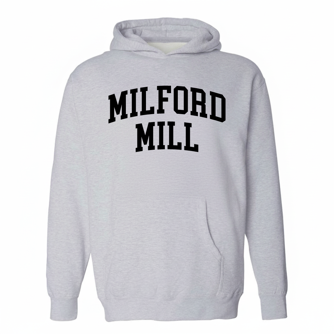 Heather-gray hoodie with the Milford Mill varsity arched lettering design on the chest.