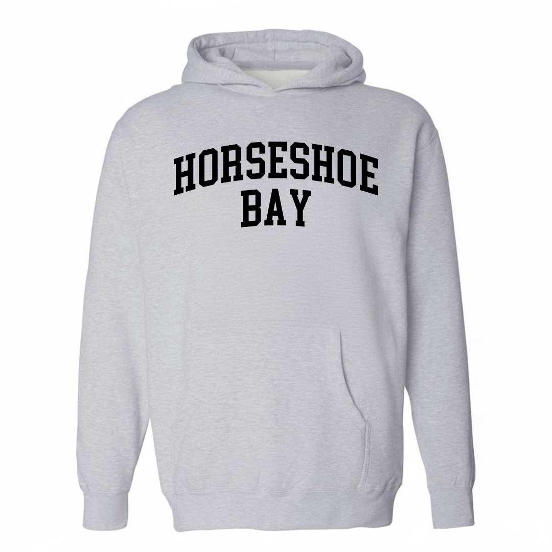 Heather-gray hoodie with the Horseshoe Bay arched lettering design on the chest.