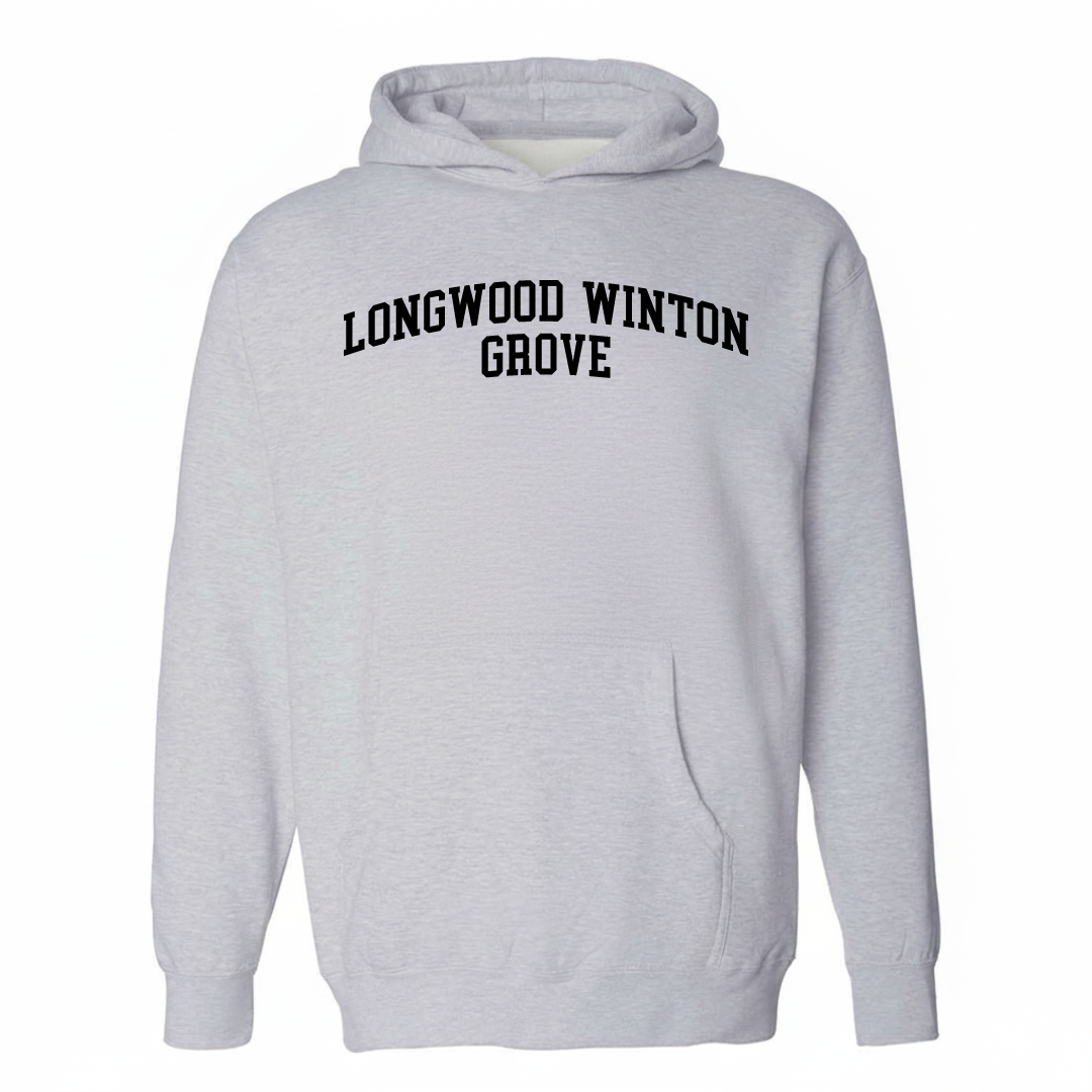 Heather-gray hoodie with the Longwood/Winton Grove varsity arched lettering design on the chest.