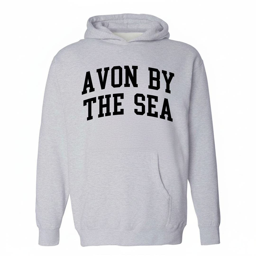 Heather-gray hoodie with the Avon-by-the-Sea varsity arched lettering design on the chest.