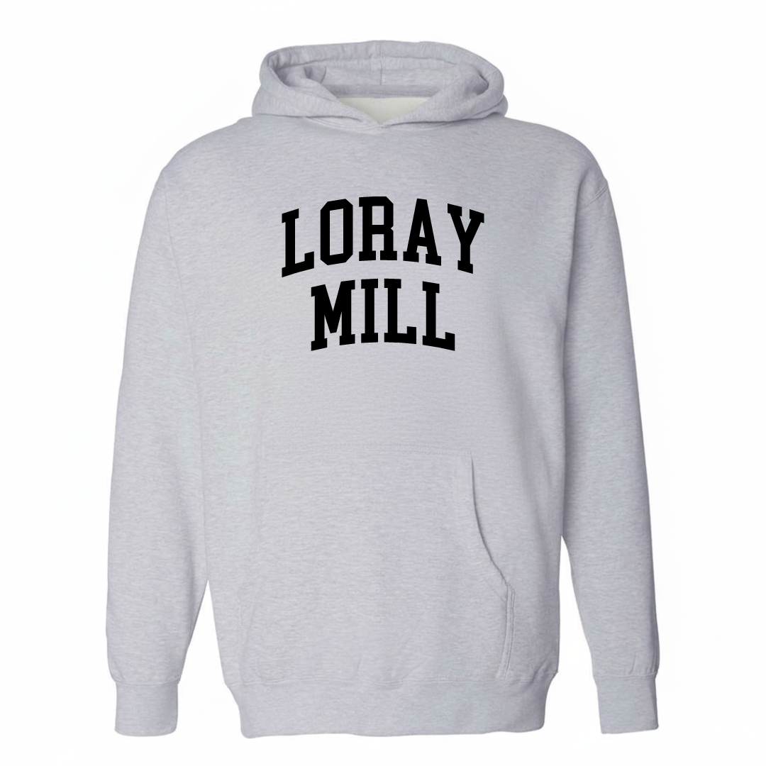 Heather-gray hoodie with the Loray Mill varsity arched lettering design on the chest.