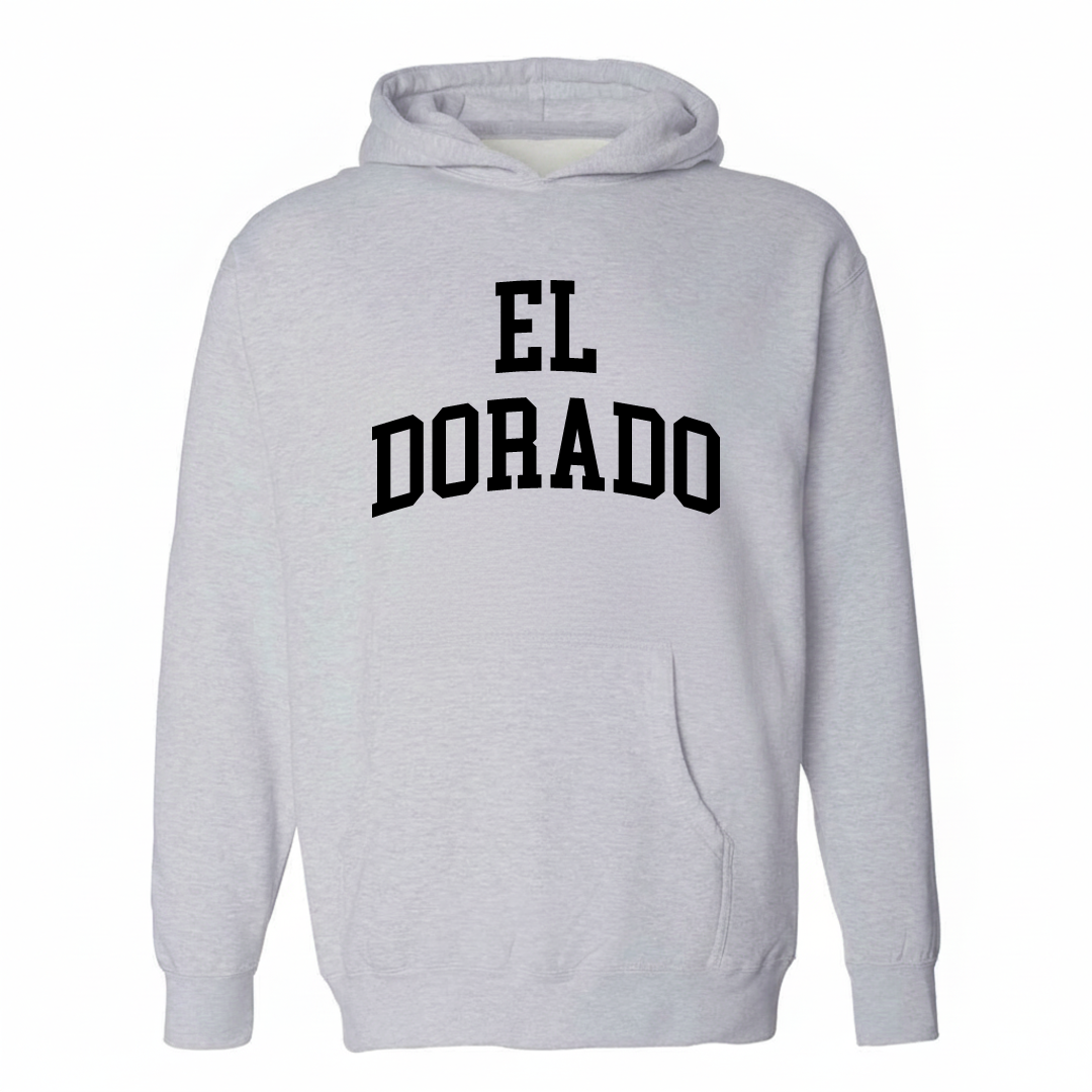 Heather-gray hoodie with the El Dorado varsity arched lettering design on the chest.
