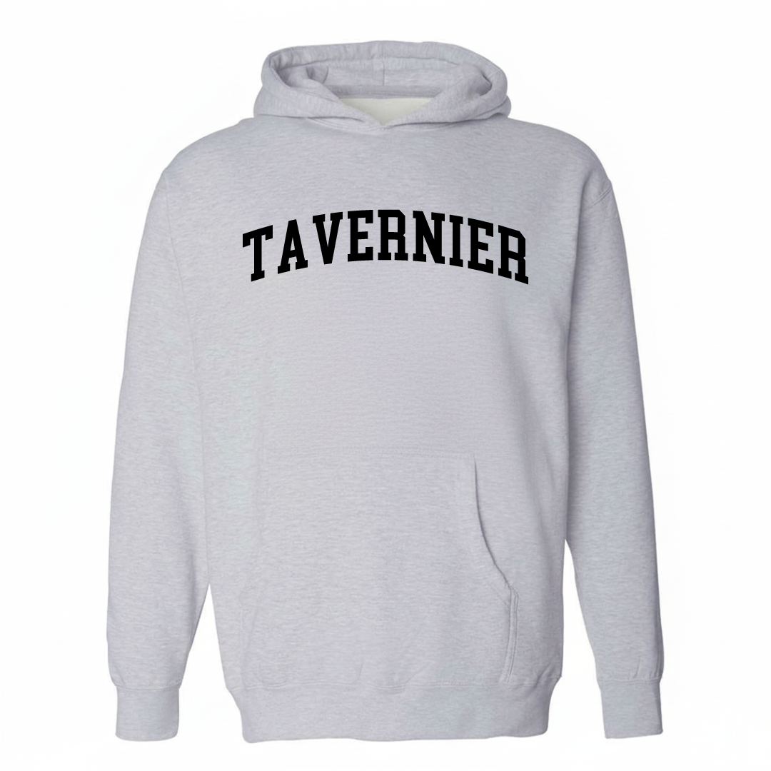 Heather-gray hoodie with the Tavernier varsity arched lettering design on the chest.