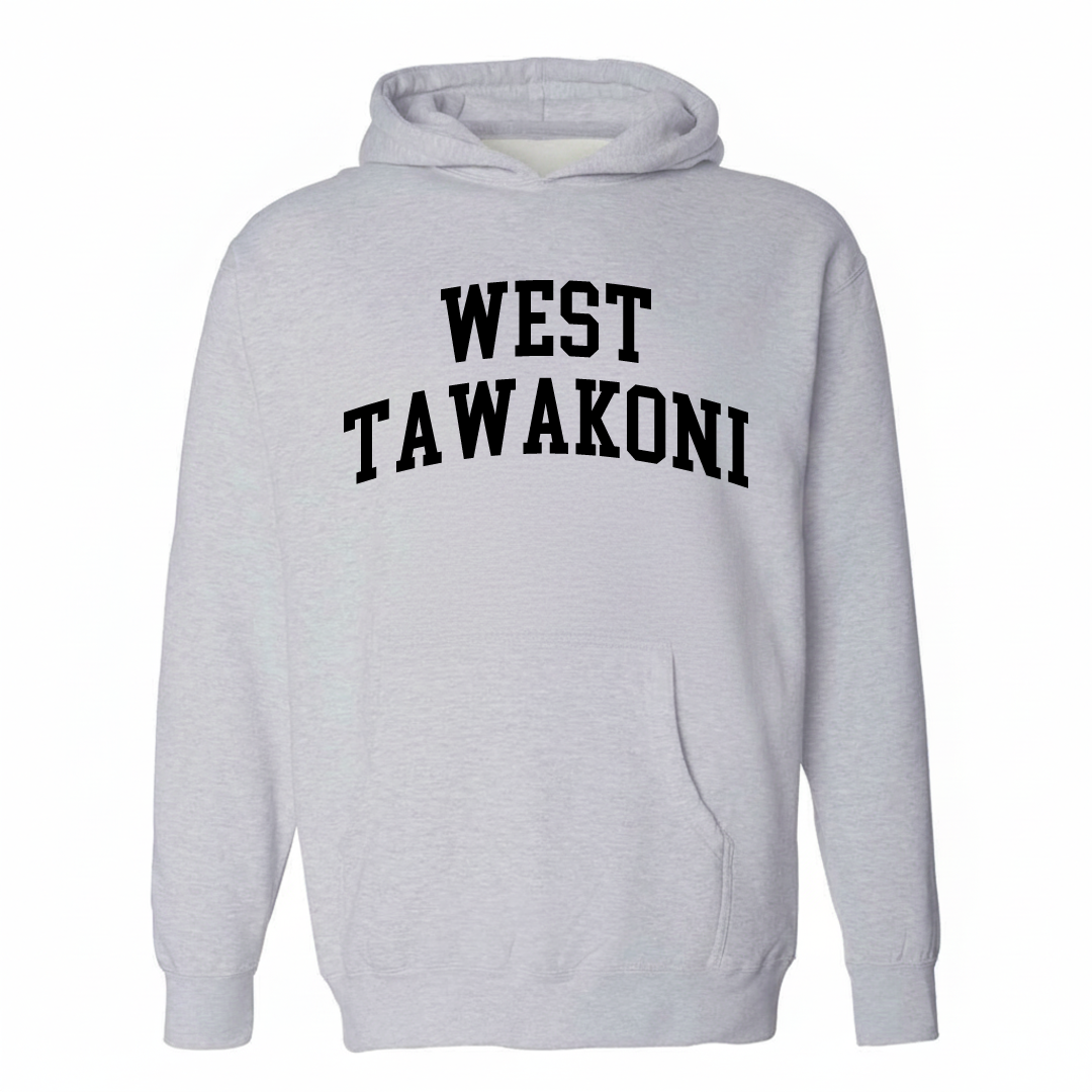 Heather-gray hoodie with the West Tawakoni varsity arched lettering design on the chest.