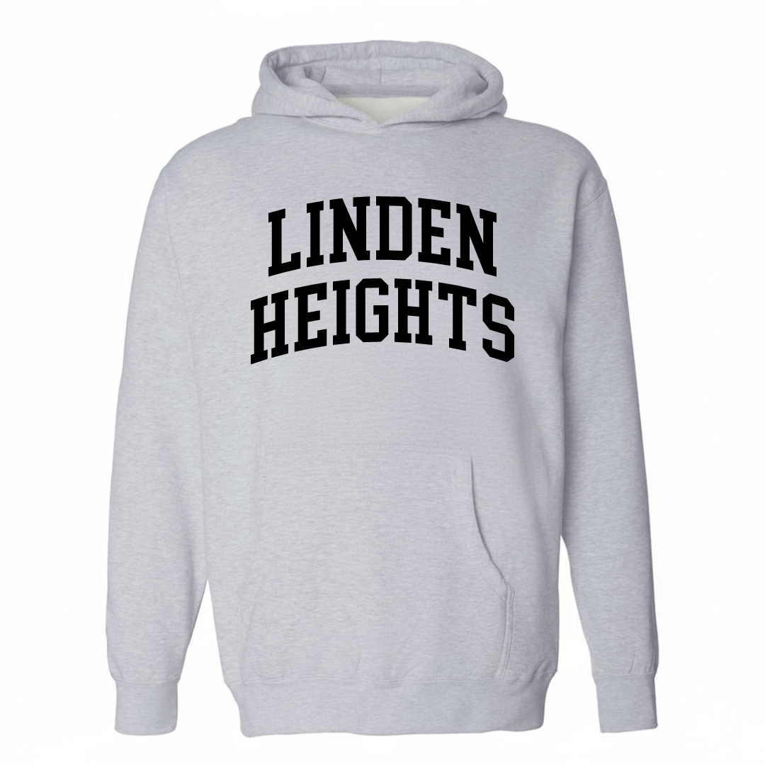 Heather-gray hoodie with the Linden Heights varsity arched lettering design on the chest.