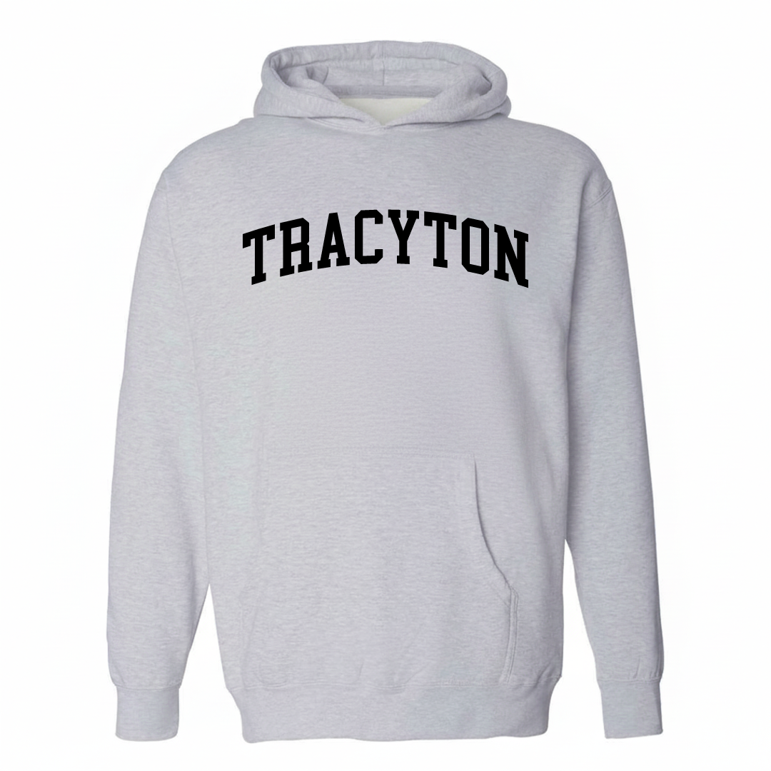 Heather-gray hoodie with the Tracyton arched lettering design on the chest.