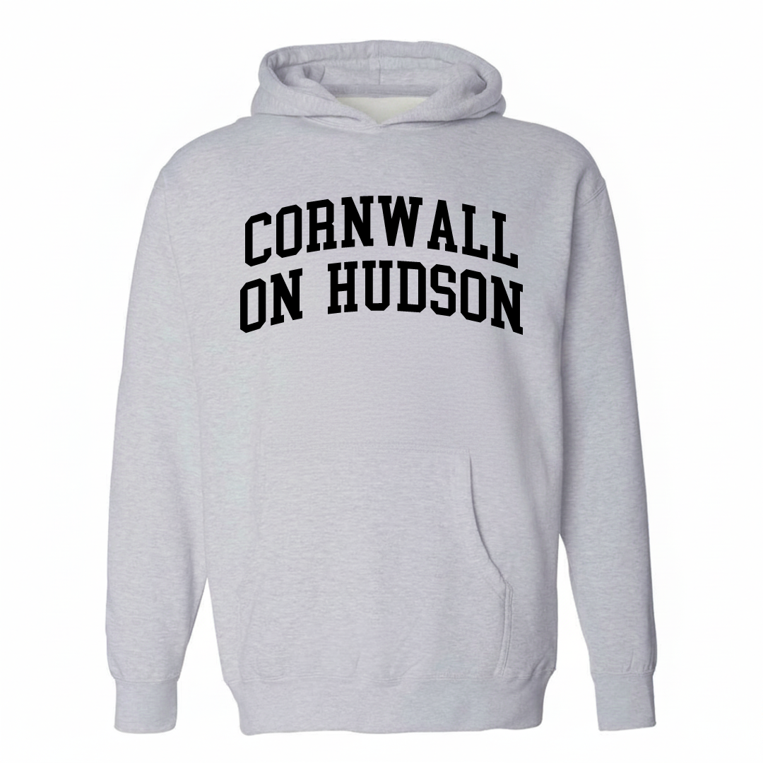 Heather-gray hoodie with the Cornwall-on-Hudson varsity arched lettering design on the chest.
