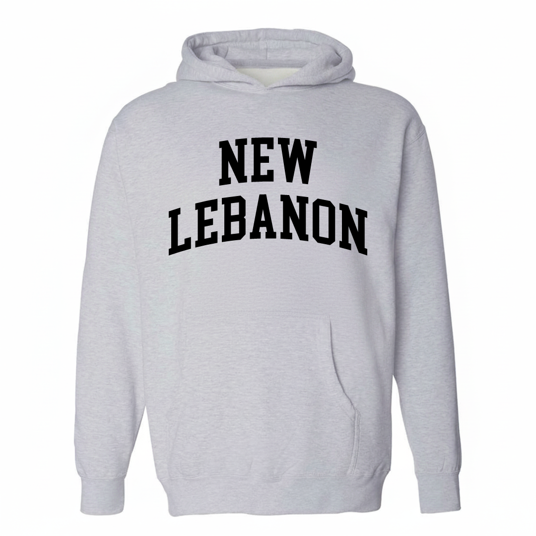 Heather-gray hoodie with the New Lebanon arched lettering varsity-collegiate design on the chest.