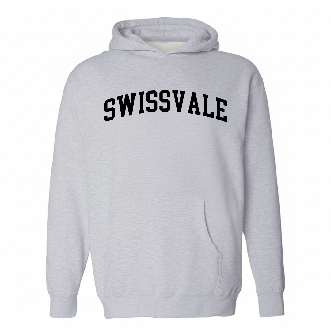 Heather-gray hoodie with the Swissvale varsity arched lettering design on the chest.