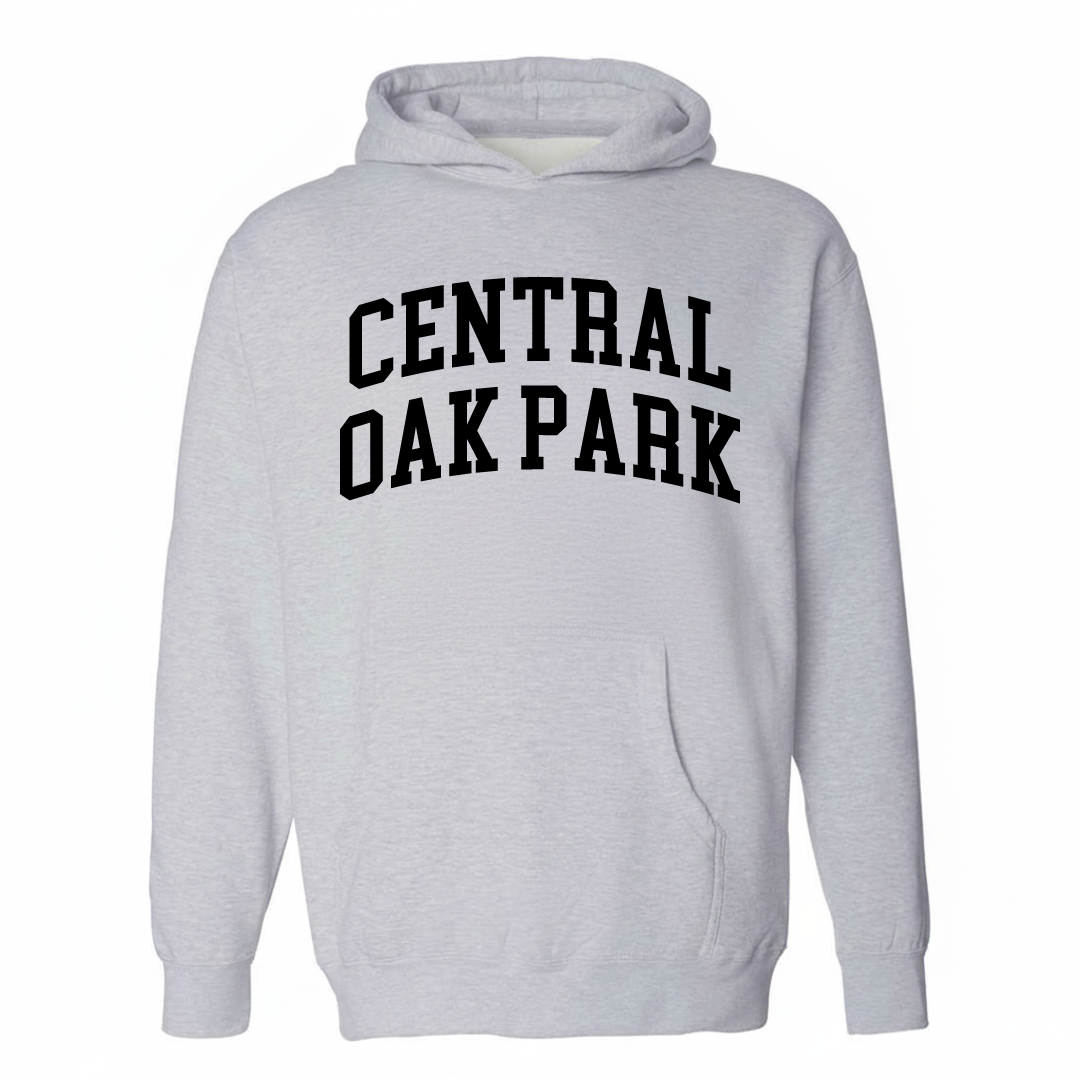 Heather-gray hoodie with the Central Oak Park varsity arched lettering design on the chest.