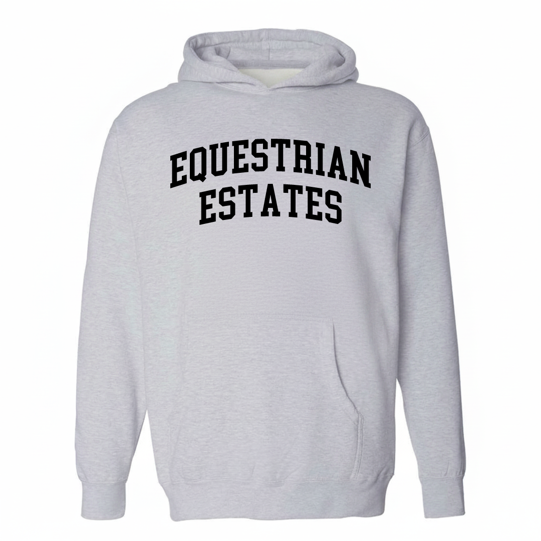 Heather-gray hoodie with the Equestrian Estates arched lettering design on the chest.