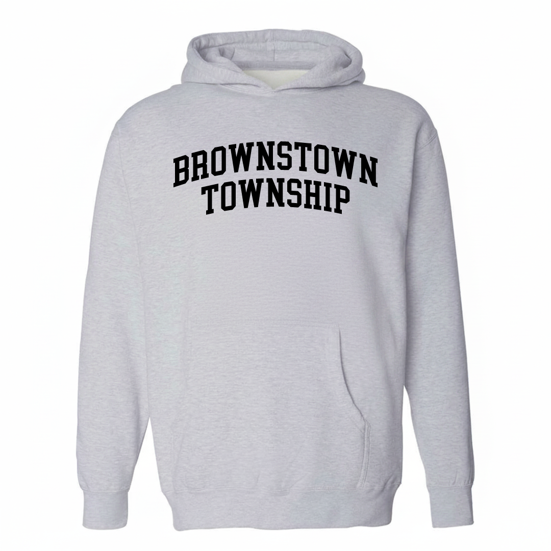 Heather-gray hoodie with the Brownstown Township varsity arched lettering design on the chest.