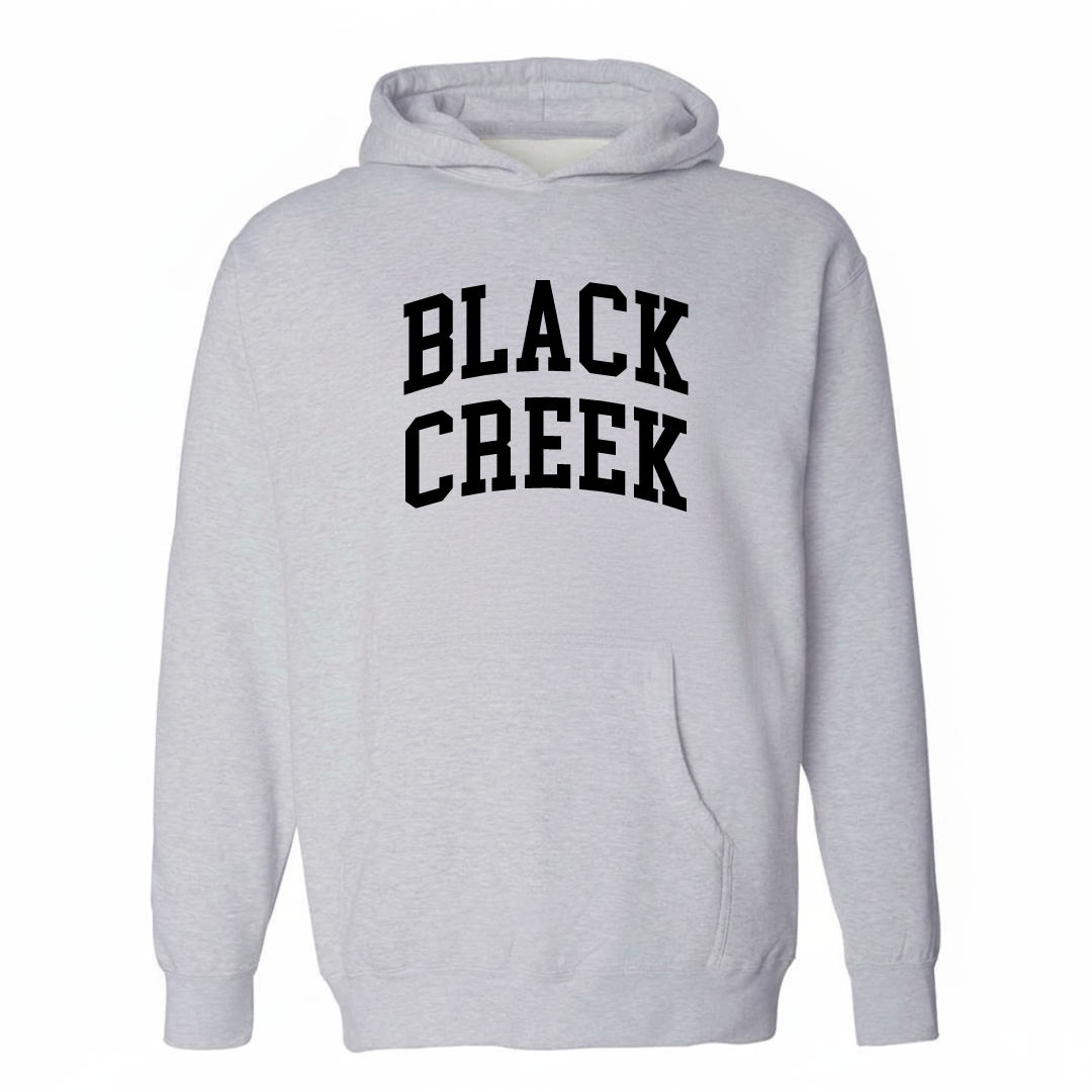 Heather-gray hoodie with the Black Creek varsity arched lettering design on the chest.