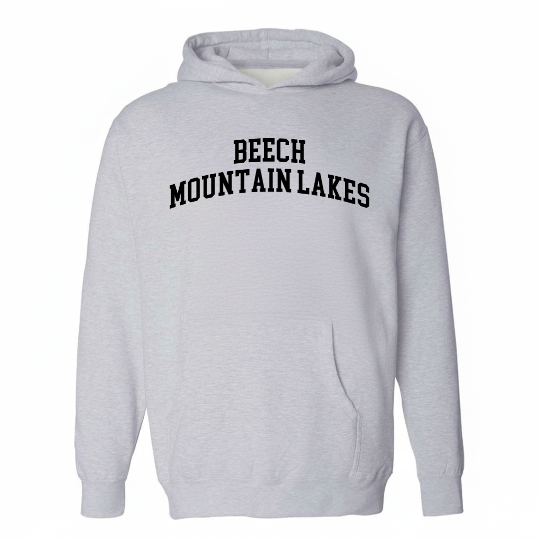 Heather-gray hoodie with the Beech Mountain Lakes varsity arched lettering design on the chest.