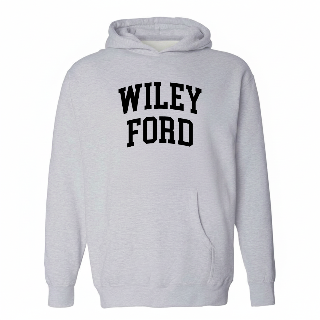 Heather-gray hoodie with the Wiley Ford varsity arched lettering design on the chest.