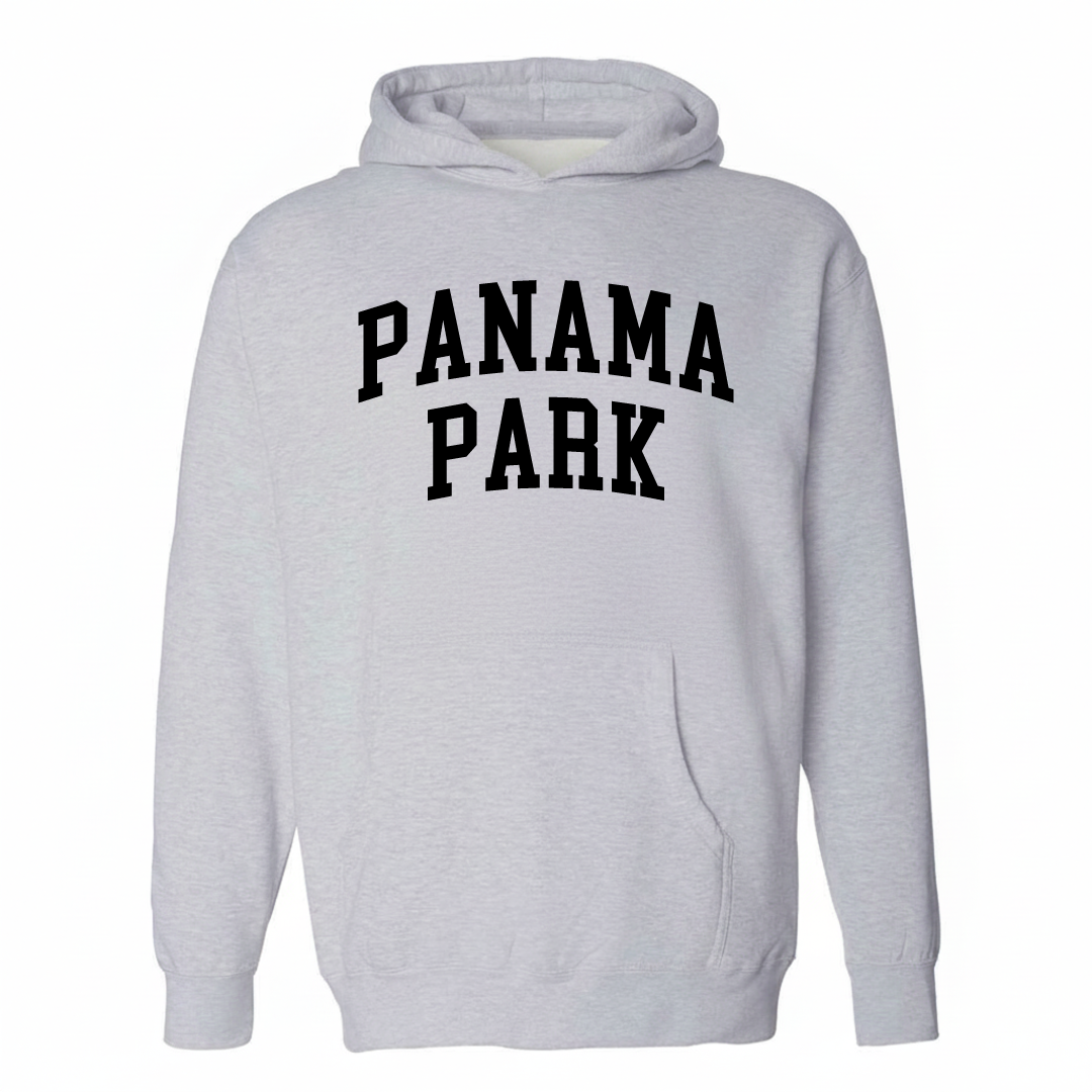 Heather-gray hoodie with the Panama Park varsity arched lettering design on the chest.