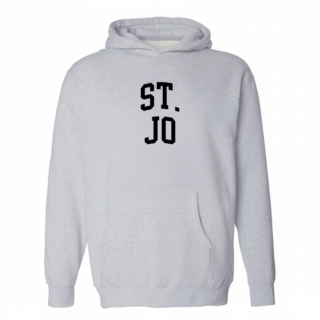 Heather-gray hoodie with the St. Jo varsity arched lettering design on the chest.