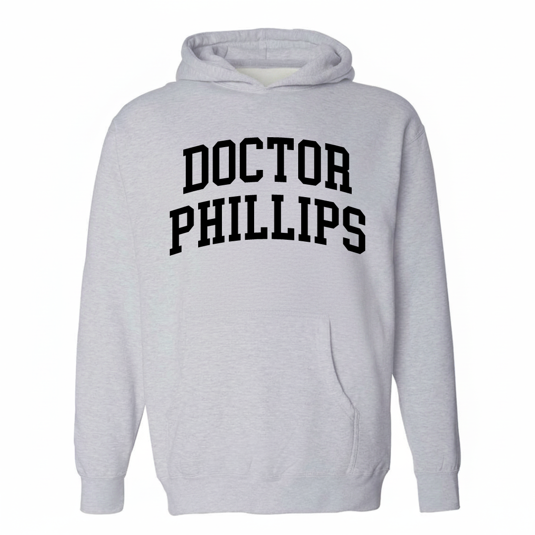 Heather-gray hoodie with the Doctor Phillips arched lettering varsity-collegiate design on the chest.